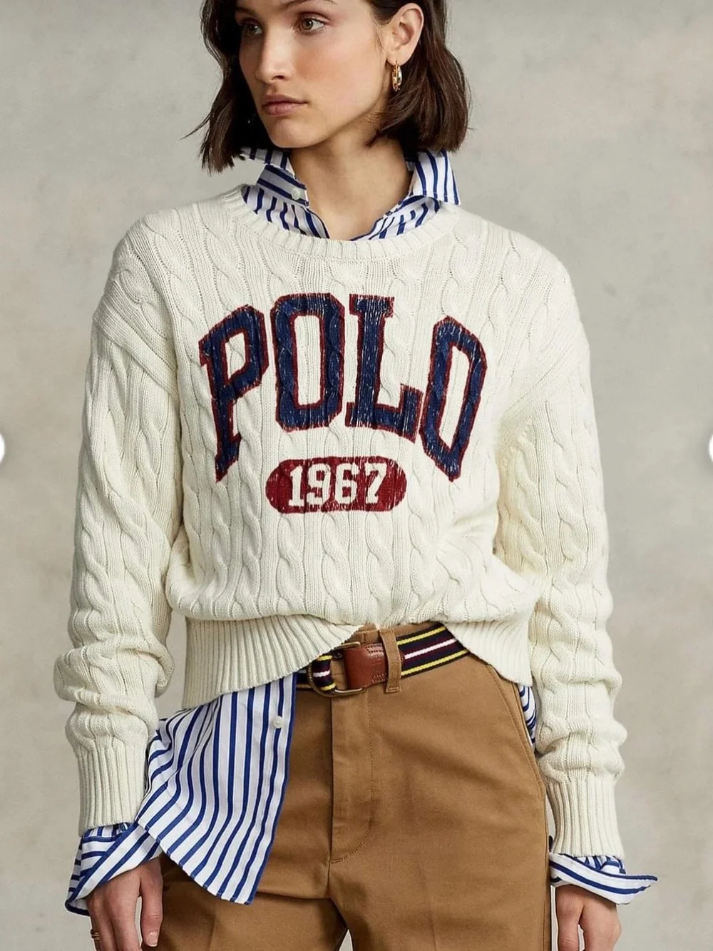 Polo Ralph Lauren Cable Knit Sweater Cream Cotton Size XXL 1967 Spellout Varsity